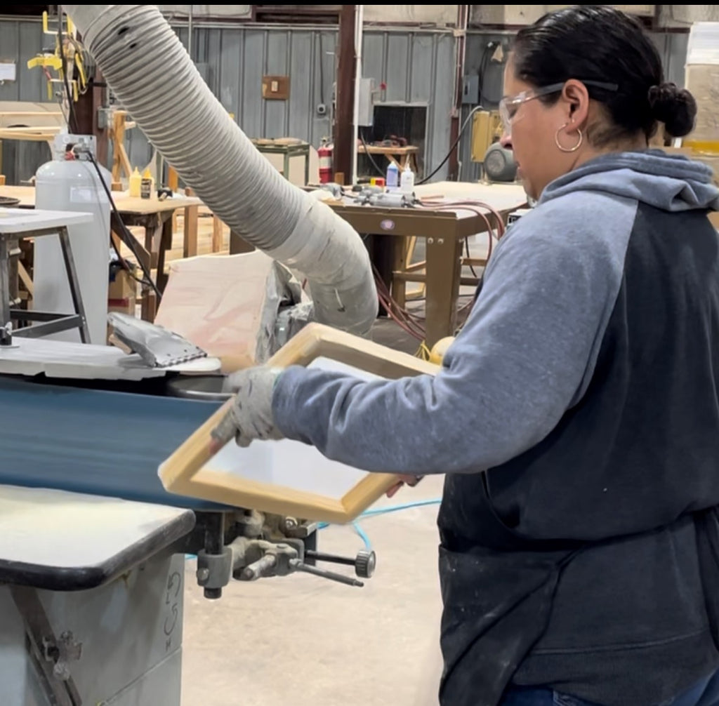 Sunbelt Manufacturing | Employee Brenda Trimming Remeshed Silk Screen Frame